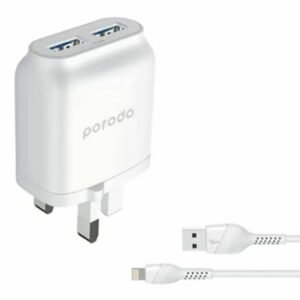 Porodo Dual Port Wall Charger With 1.2m Lightning Cable-White